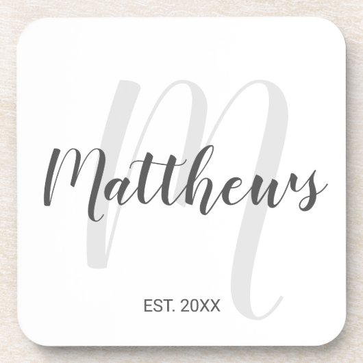 Modern Script Personalisiert Monogram und Familien Getränkeuntersetzer (Vorderseite)