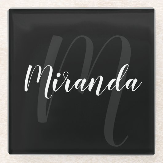 Modern Script Personalisiert Monogram und Name Bla Glasuntersetzer (Vorderseite)