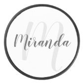 Modern Script Personalisiert Monogram und Name Eishockey Puck (Vorderseite)