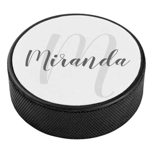 Modern Script Personalisiert Monogram und Name Eishockey Puck (3/4)
