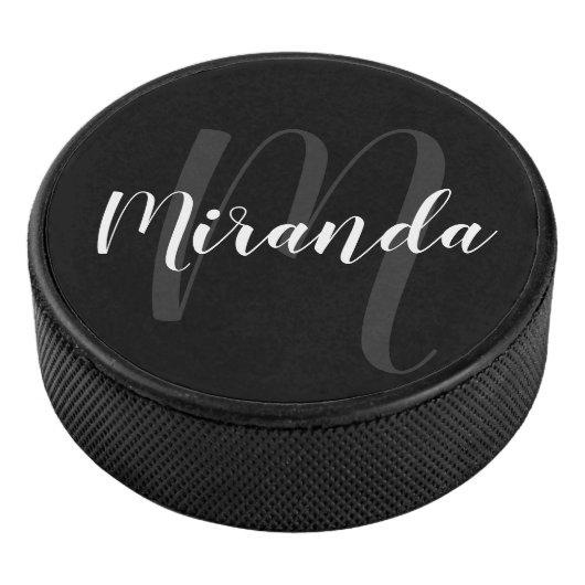 Modern Script Personalisiert Monogram und Name Eishockey Puck (3/4)