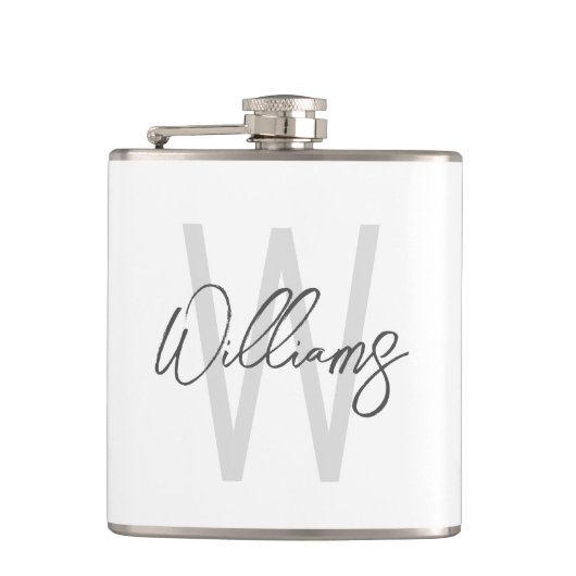 Modern Script Personalisiert Monogram und Name Flachmann (Vorderseite)