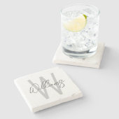 Modern Script Personalisiert Monogram und Name Steinuntersetzer (Seitenansicht)