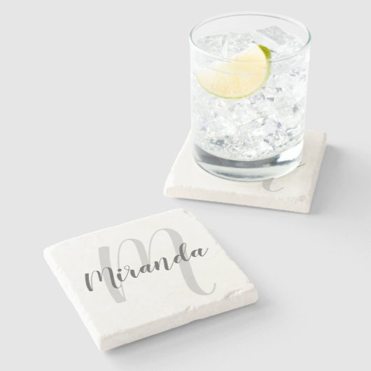 Modern Script Personalisiert Monogramm und Name Steinuntersetzer (Seitenansicht)
