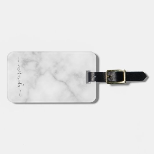 Modern Script Personalisiert Name White Marble Gepäckanhänger (Vorderseite horizontal)