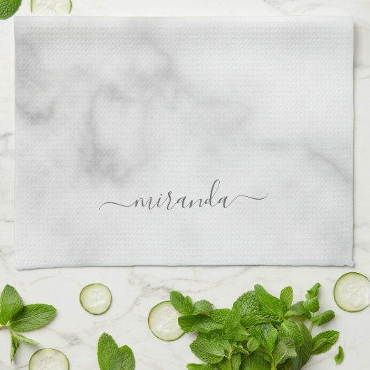 Modern Script Personalisiert Name White Marble Geschirrtuch (Gefaltet)