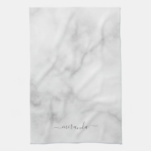 Modern Script Personalisiert Name White Marble Geschirrtuch (Vertikal)