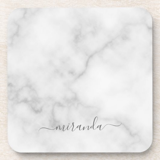 Modern Script Personalisiert Name White Marble Getränkeuntersetzer (Vorderseite)