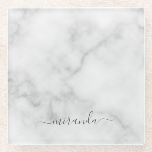 Modern Script Personalisiert Name White Marble Glasuntersetzer (Vorderseite)
