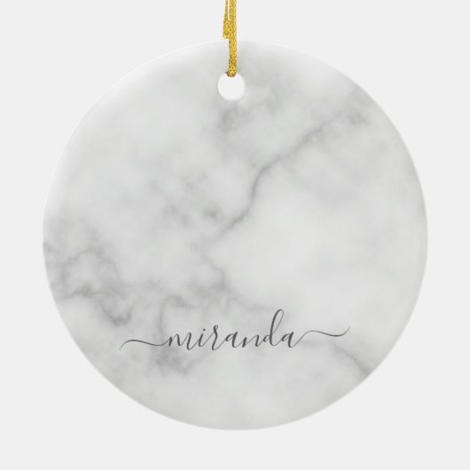 Modern Script Personalisiert Name White Marble Keramik Ornament (Hinten)