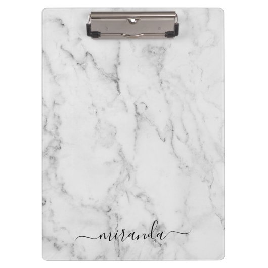 Modern Script Personalisiert Name White Marble Klemmbrett (Vorderseite)