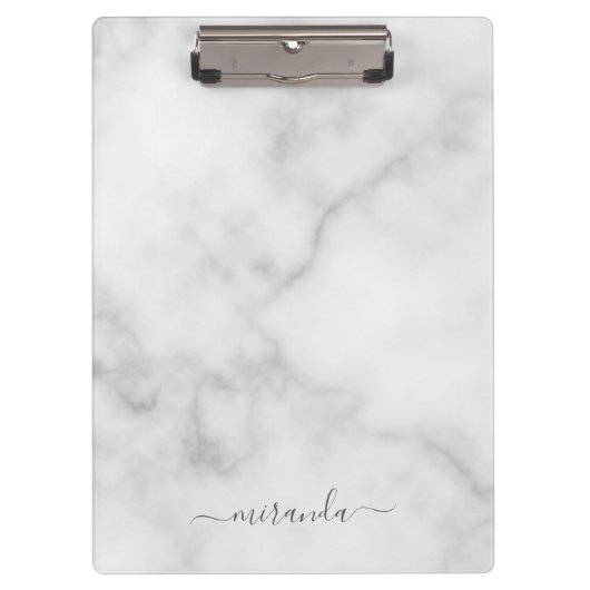 Modern Script Personalisiert Name White Marble Klemmbrett (Vorderseite)