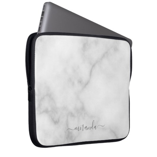 Modern Script Personalisiert Name White Marble Laptopschutzhülle (Vorne Rechts)