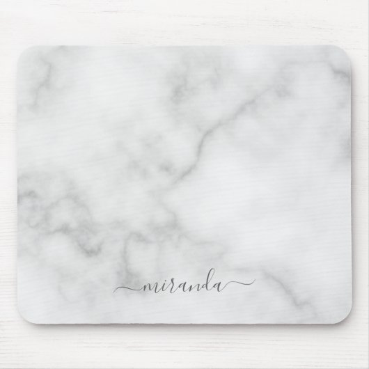 Modern Script Personalisiert Name White Marble Mousepad (Vorne)