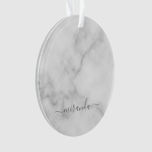 Modern Script Personalisiert Name White Marble Ornament (Vorderseite)