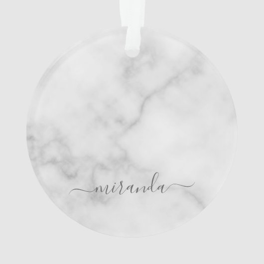 Modern Script Personalisiert Name White Marble Ornament (Rückseite)