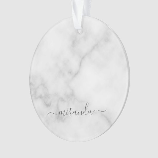 Modern Script Personalisiert Name White Marble Ornament (Vorderseite)