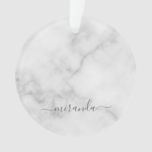 Modern Script Personalisiert Name White Marble Ornament (Vorderseite)