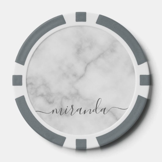Modern Script Personalisiert Name White Marble Pokerchips (Vorderseite)