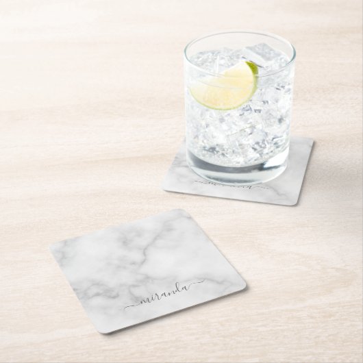 Modern Script Personalisiert Name White Marble Rechteckiger Pappuntersetzer (Vor Ort)