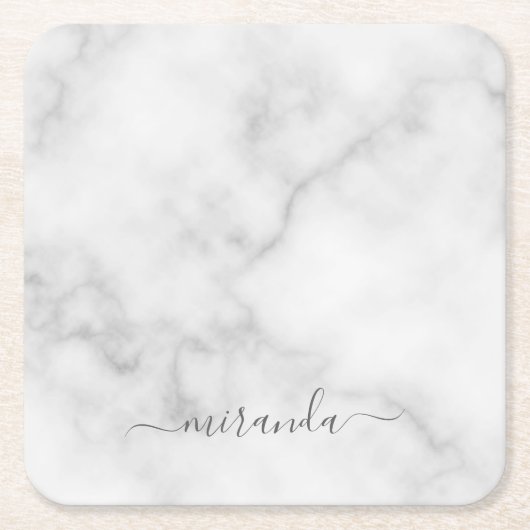 Modern Script Personalisiert Name White Marble Rechteckiger Pappuntersetzer (Vorderseite)