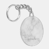 Modern Script Personalisiert Name White Marble Schlüsselanhänger (Vorderseite links)
