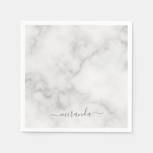 Modern Script Personalisiert Name White Marble Serviette (Vorderseite)