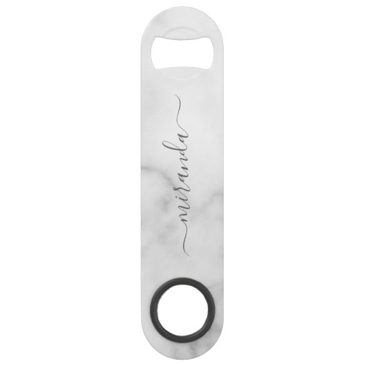 Modern Script Personalisiert Name White Marble Speed Flaschenöffner (Vorderseite)