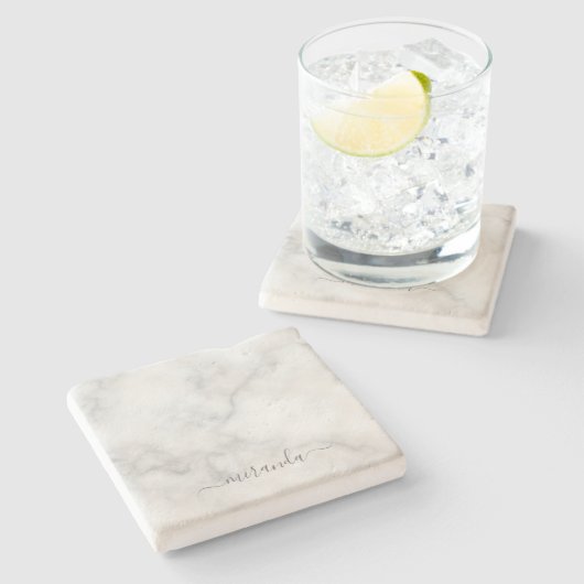 Modern Script Personalisiert Name White Marble Steinuntersetzer (Seitenansicht)