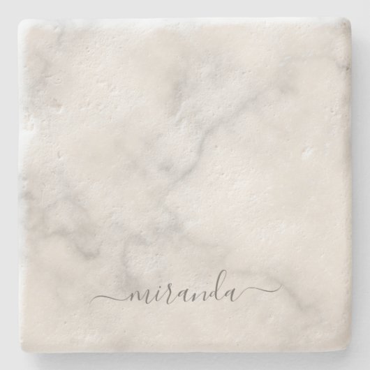Modern Script Personalisiert Name White Marble Steinuntersetzer (Vorderseite)