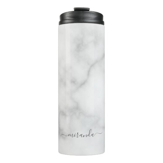 Modern Script Personalisiert Name White Marble Thermosbecher (Vorderseite)
