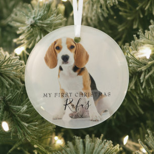 Modern Script Pet Name My First Christmas Photo Ornament Aus Glas