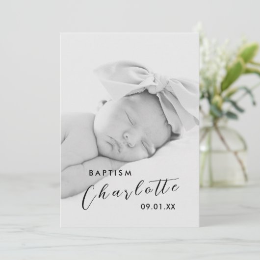 Modern Script Photo Black Cross Baptism Einladung (Stehend Vorderseite)