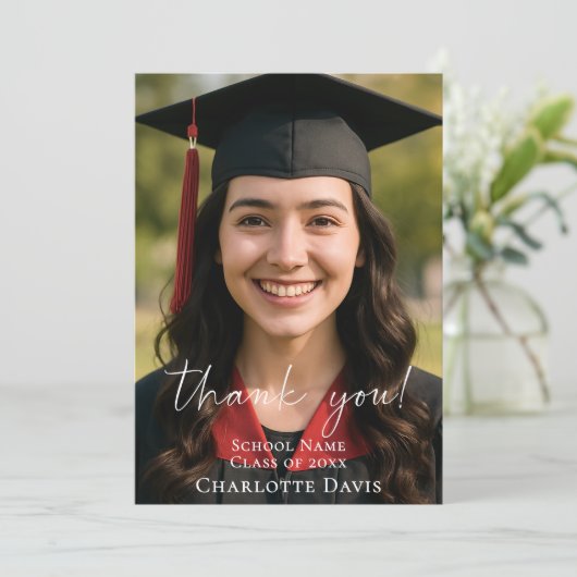 Modern script photo Graduation Dankeskarte (Stehend Vorderseite)