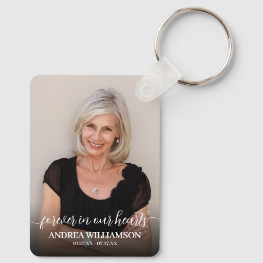 Modern Script Photo Memorial Forever in our Hearts Schlüsselanhänger (Rückseite)