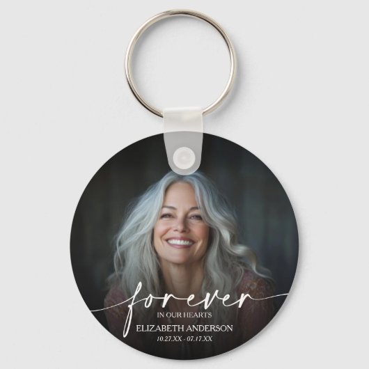 Modern Script Photo Memorial Forever in our Hearts Schlüsselanhänger (Vorderseite)