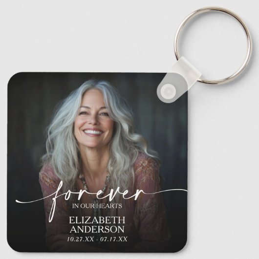 Modern Script Photo Memorial Forever in our Hearts Schlüsselanhänger (Rückseite)
