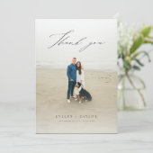 Modern Script Photo Overlay Wedding Message Dankeskarte (Stehend Vorderseite)