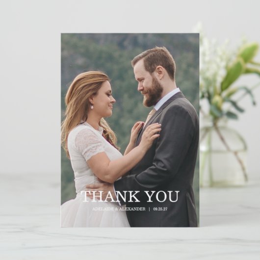 Modern Script Photo Wedding Dankeskarte (Stehend Vorderseite)