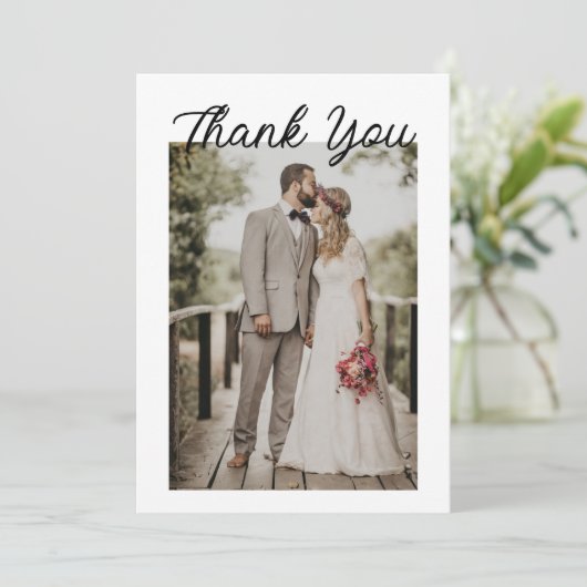 Modern Script Photo Wedding Dankeskarte (Stehend Vorderseite)