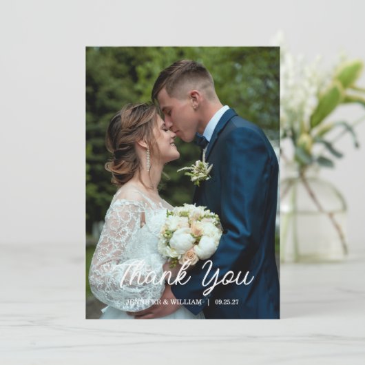 Modern Script Photo Wedding Dankeskarte (Stehend Vorderseite)