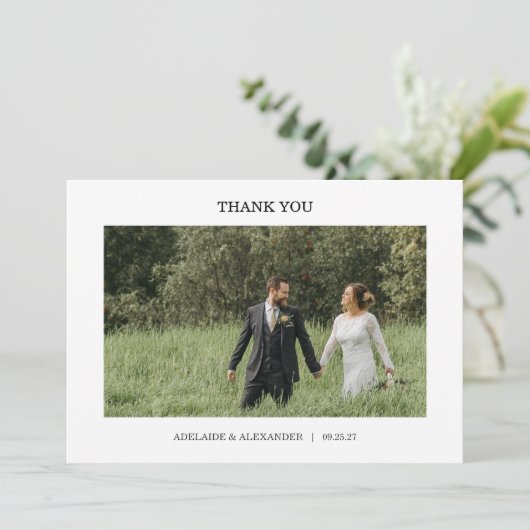 Modern Script Photo Wedding Dankeskarte (Stehend Vorderseite)