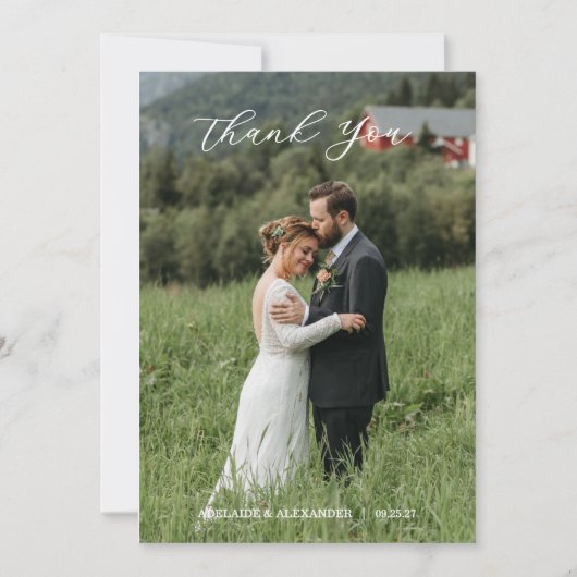 Modern Script Photo Wedding Dankeskarte (Vorderseite)