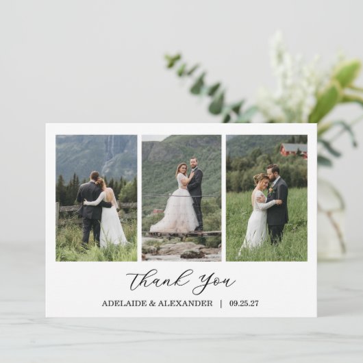Modern Script Photo Wedding Dankeskarte (Stehend Vorderseite)