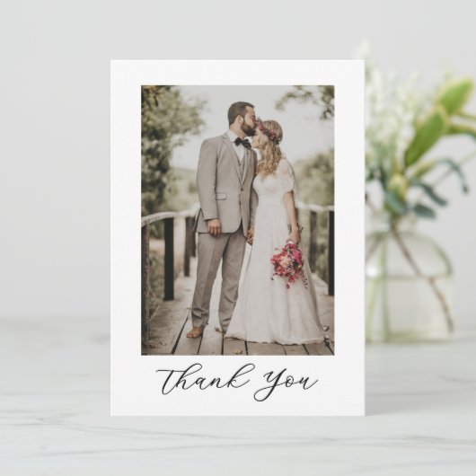Modern Script Photo Wedding Dankeskarte (Stehend Vorderseite)