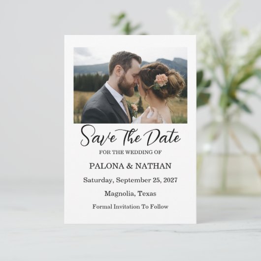 Modern Script Photo Wedding Save The Date (Stehend Vorderseite)