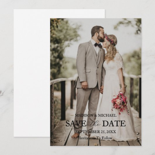 Modern Script Photo Wedding Save The Date Einladung (Vorne/Hinten)