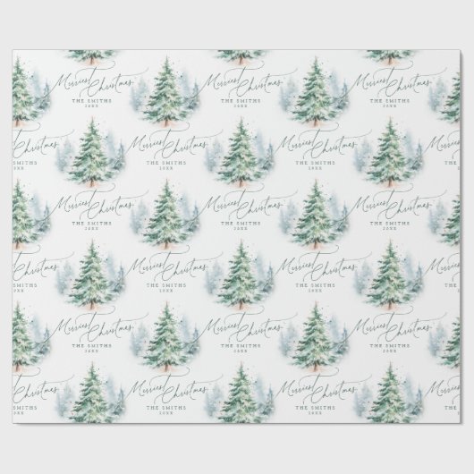 Modern Script Pine Tree Merriest Christmas Geschenkpapier (Flach)