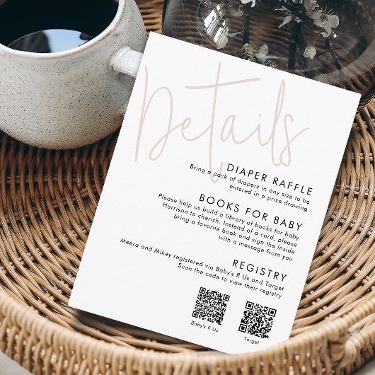 Modern Script Pink Babydusche Details 2 QR Codes Begleitkarte