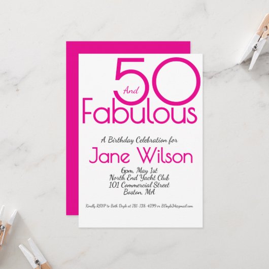Modern Script Pink Fabulous 50. Geburtstag Einladung (Vorderseite/Rückseite Beispiel)